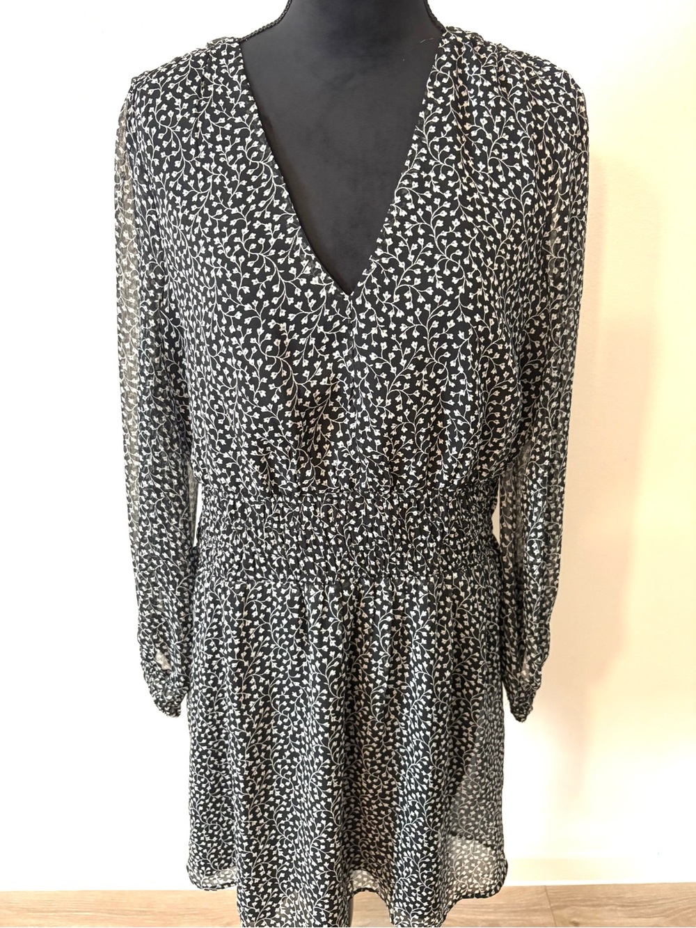 Black and White Large Floral V-Neck Smocked Waist Dress